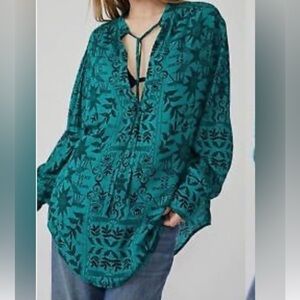 NWT FREE PEOPLE Long Sleeve Tunic Oversized Floral Green Sz Small